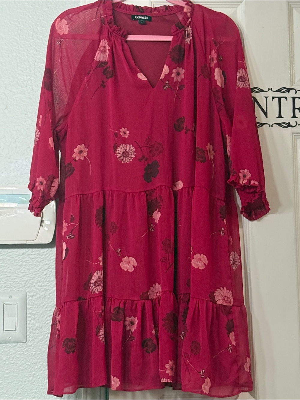 Express Burgundy Floral Tiered Chiffon Dress - Picture 1 of 4
